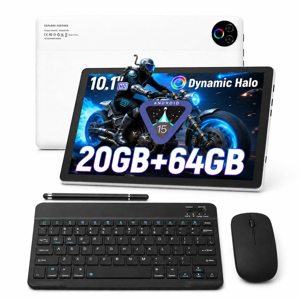 Android 15 Tablet, 10,1 Zoll, 20 GB RAM + 64 GB ROM, WLAN, Bluetooth, 5000 mAh Akku