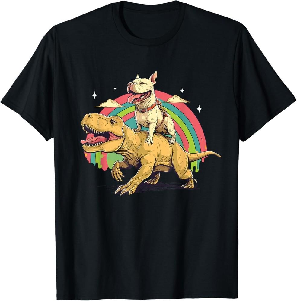 Funny Pitbull Riding A Dinosaur Rainbow Illustration T-Shirt Gift Unisex T-Shirt