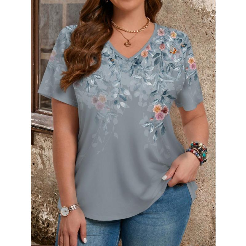 Summer V-neck Flower Pattern 3D Printed Top Fashionable Casual Short Sleeved Women's T-shirts