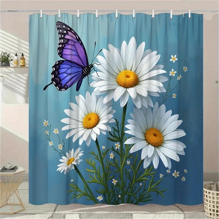 1pc White Blue Daisies Shower Curtain - Purple Butterfly, Teal Background, Soft Petals, 70.8x70.8In, 12 Hooks W90xH180cm