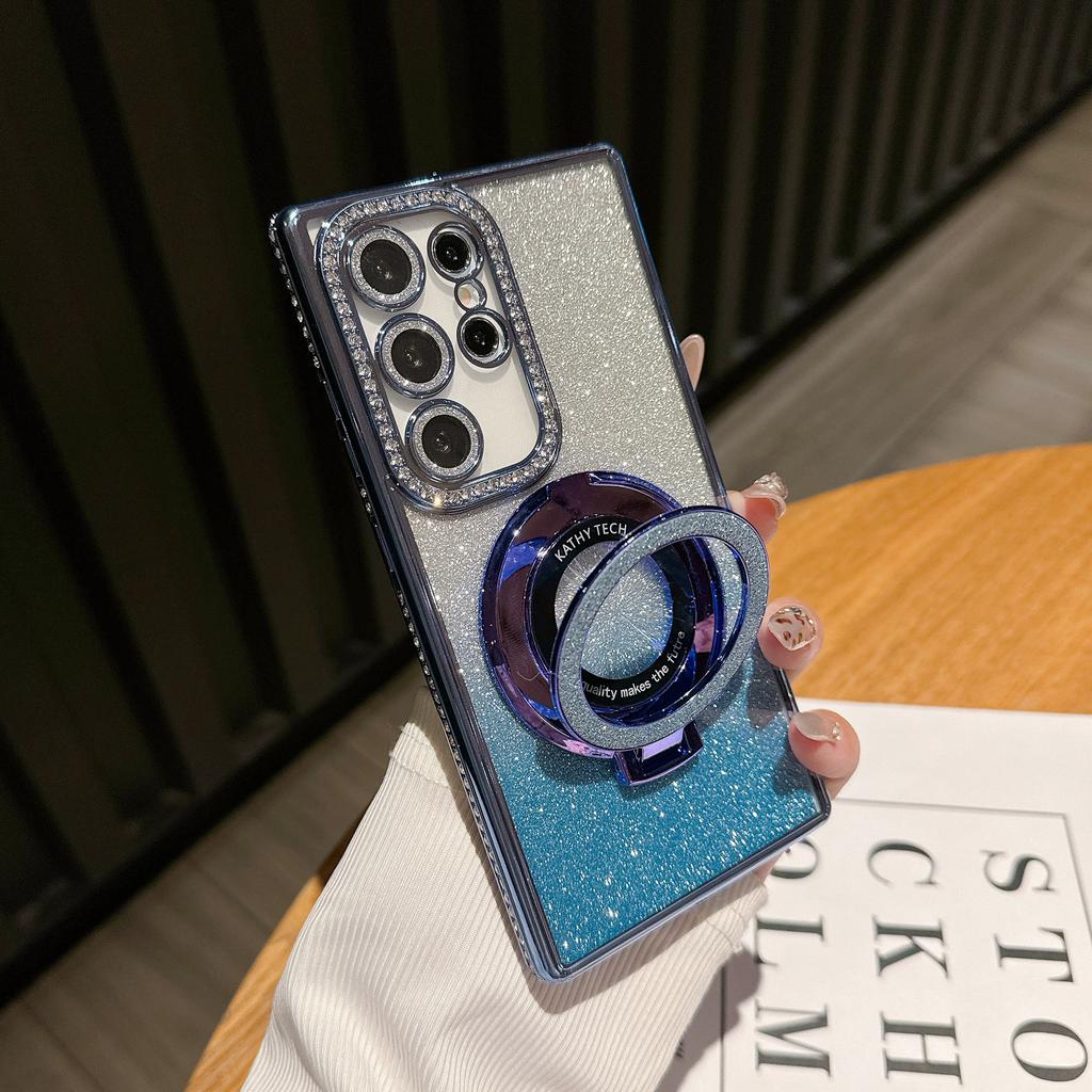 Applicable To Samsung S25Ultra Mobile Phone Case Gradual Change Glitter Magnetic Suction Bracket A16 Electroplated Rhinestone S23 Protective Case 22