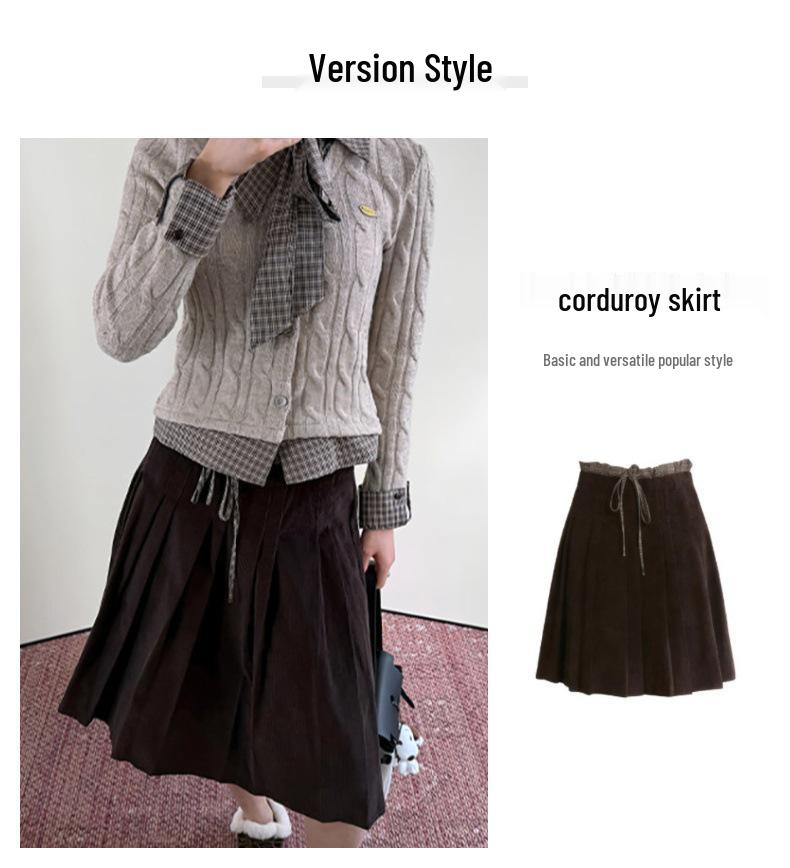 Melanoid Retro Coffee Corduroy A-Line Skirt with Double Waistband and Pleats – Mid-Length for Women in Spring/Autumn.