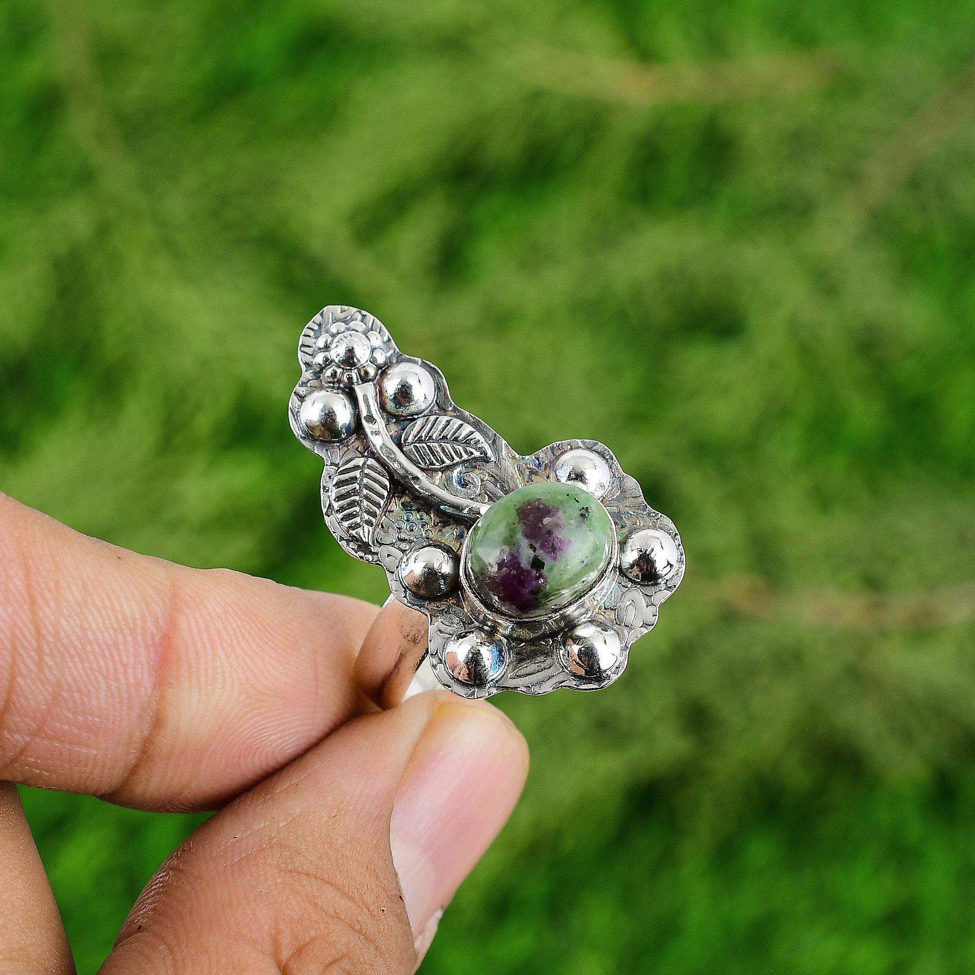 

Sterling Silver Oval Natural Ruby Zoisite Mother Multi Stone Promise Flower Ring Adjustable