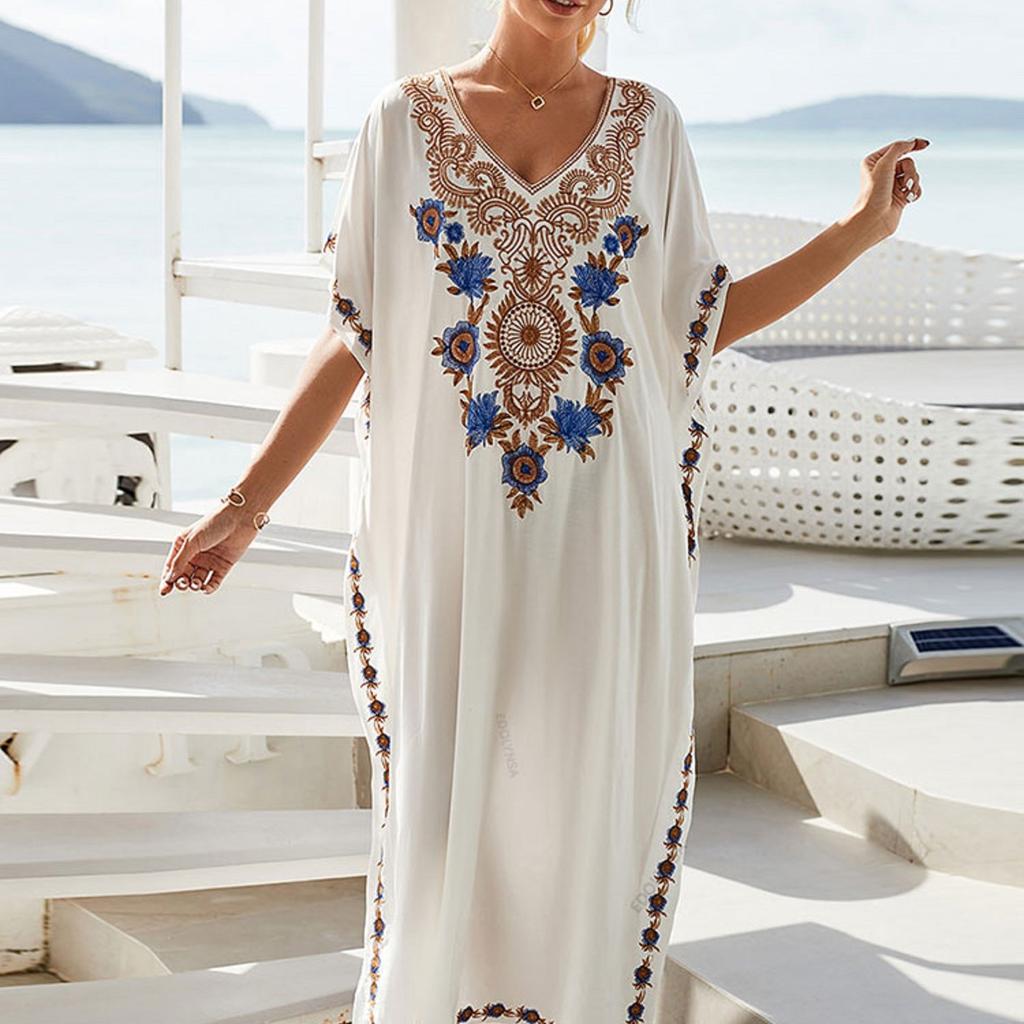 Elegantes langes Maxikleid mit V-Ausschnitt, böhmisches Urlaubskleid für Frühling und Sommer, Damenbekleidung