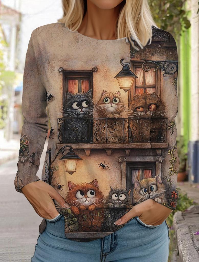 Felpa da Donna Designer Girocollo Manica Lunga Moda Casual Carina Gatto Animale Stampa Modello Top