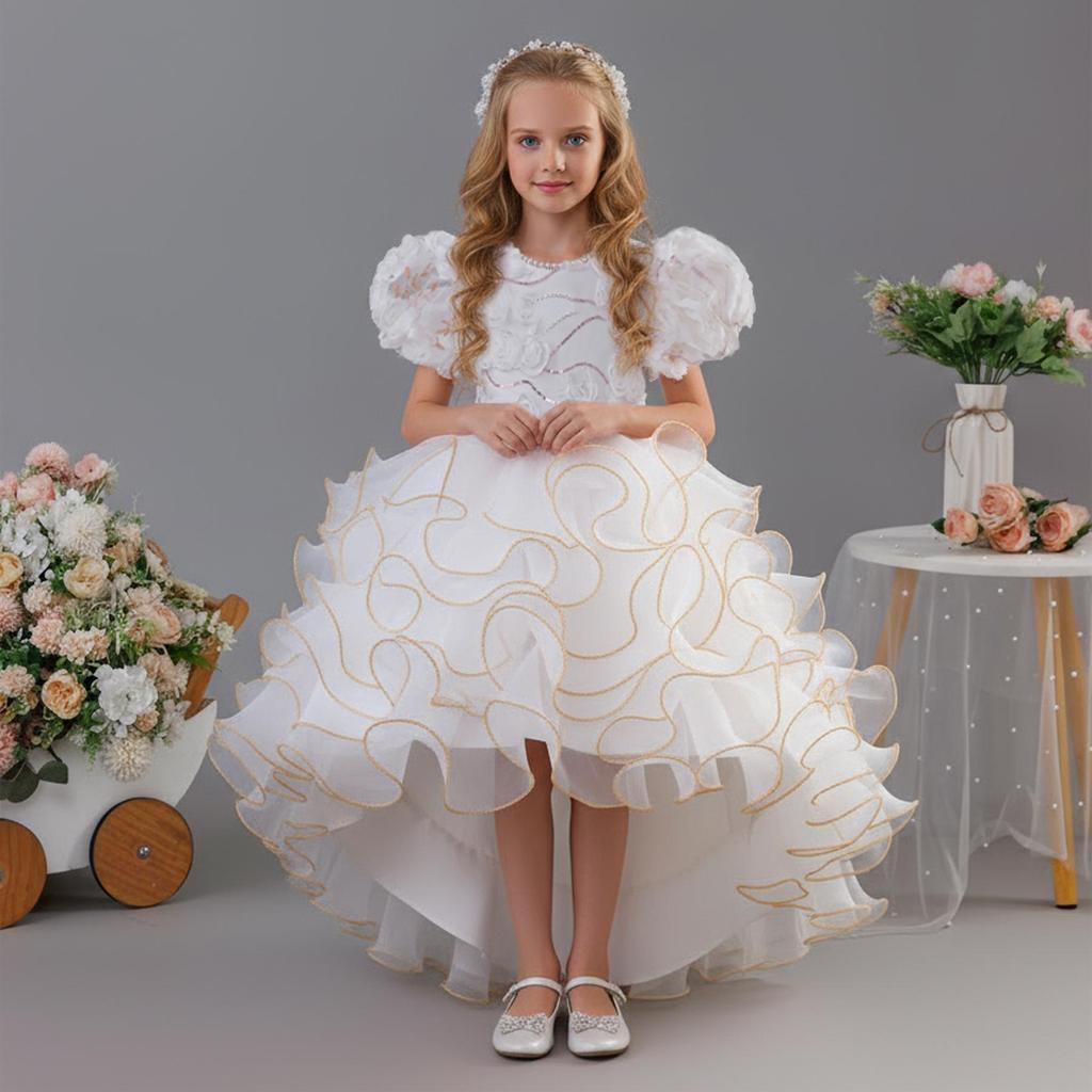 2025 New Children's Princess Dress with Rose 3D Appliques, Bow, and Cake Train