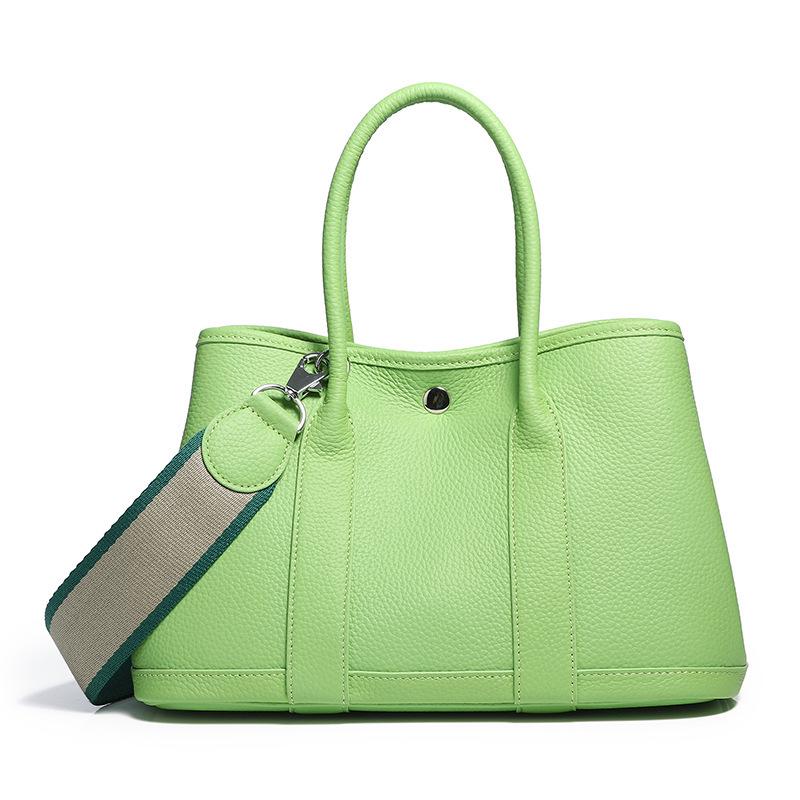 2025 Cowhide Lychee Pattern Garden Bag: Women's Color Block Wide Shoulder Strap Handbag