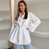 White Cotton Lace-up Waist Cinching Shirt Simple Fashion Women's Blouses Polo Neck Single Breasted Long Sleeved Top Commut HarajukuStyle Spring Summer