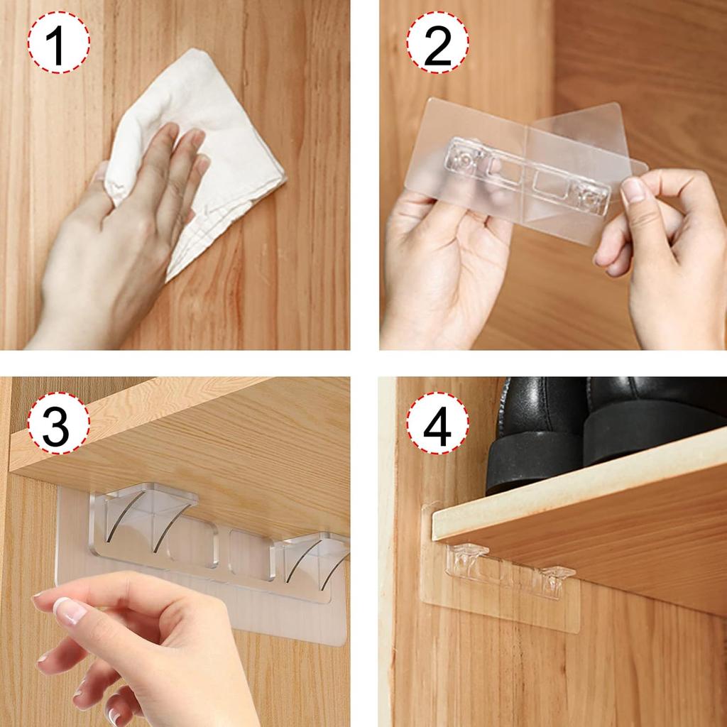 12 Pcs Punch Free Shelf Support Pegs Self Adhesive Shelves Clips No Drill Shelf Bracket Holders Pin for Kitchen Cabinet Book Shelves Closet Clapboard