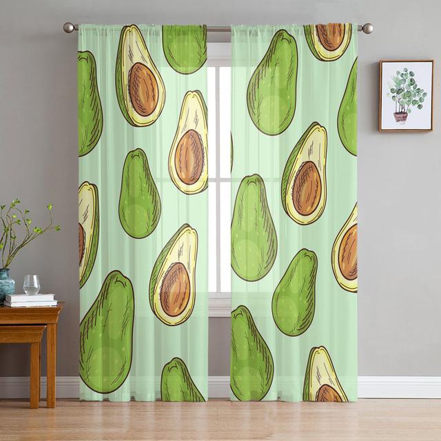 Avocado Green Cute Fruits Cartoon Tulle Curtains For Living Room Bedroom Decor Transparent Chiffon Sheer Voile Window Curtain