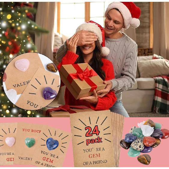 24 Pack Valentines Day Gem Gifts for Kids,Gem Valentine Cards with Heart,Heart Shape Crystal Stones,Funny Valentine Gift Exchange Card for Boys Girls