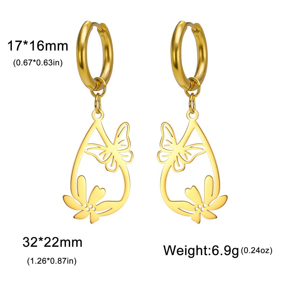 Teamer Butterfly and Flower Waterdrop Pendant Earrings Women Girls Stainless Steel Gold Color Hoop Earring Bohemian Jewelry Gift