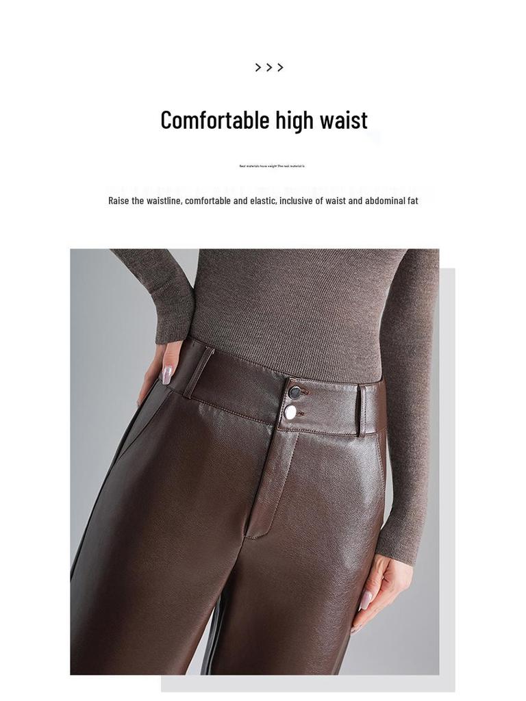 2025 Women's High-Waisted Fleece-Lined Lambskin Leather Pants - Slimming Loose Fit Straight-Leg, Ideal for Autumn and Winter