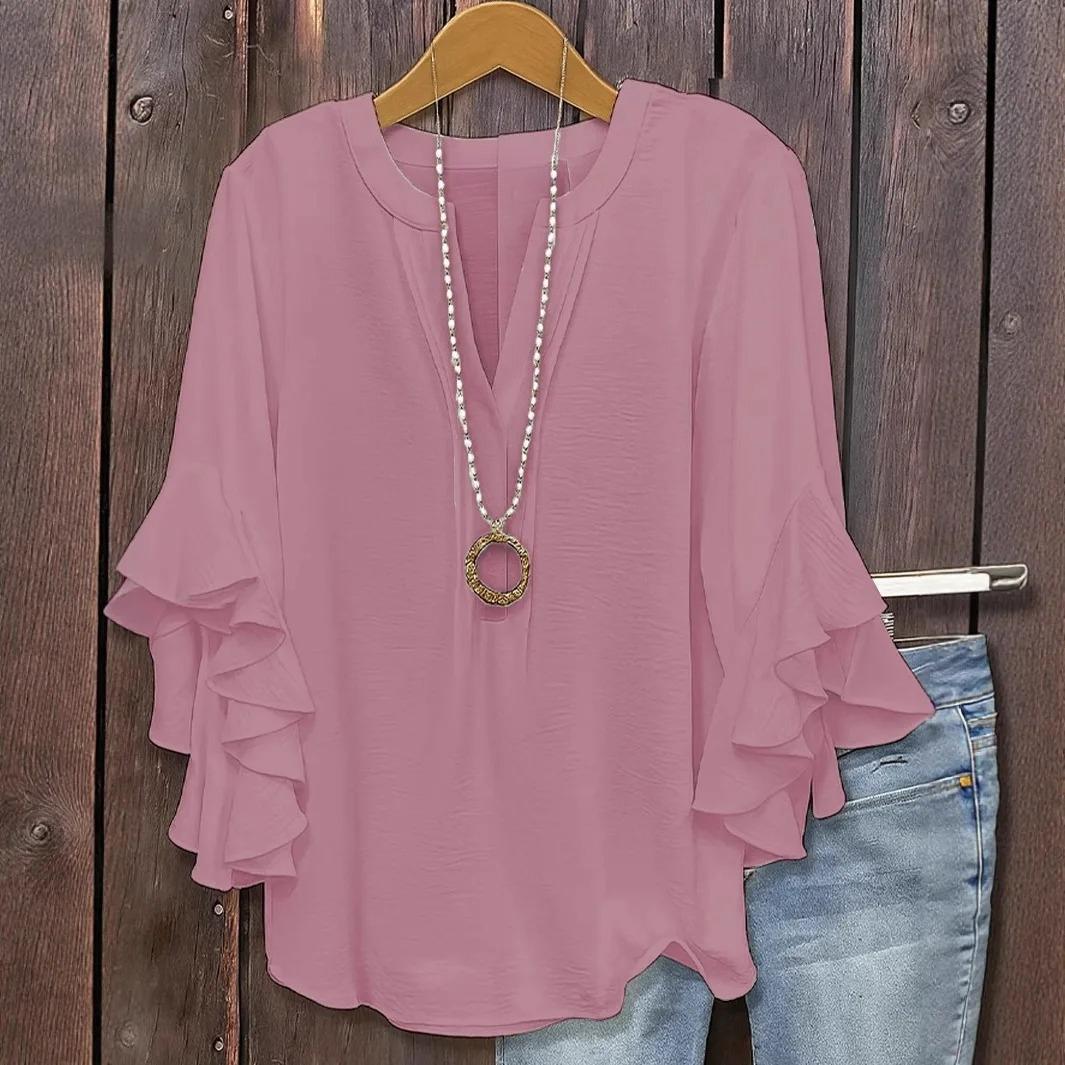 Women s V Neck Ruffle Sleeve Blouse Split Neck Layered Flare Cuff Casual Loose Chiffon Tops for Woman Clothing S