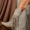 Autumn and Winter Women Pointed Toe Fringes Thick Heel High Boots Plus Size Fashion Retro Rivet Belt Buckle Zipper Mid-Calf Boot