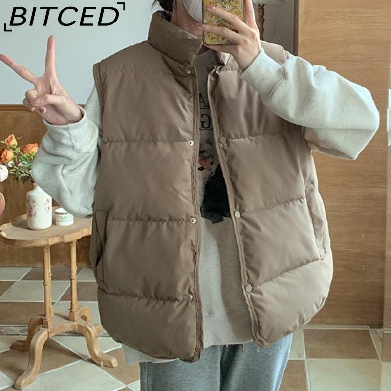 BITCED Down-Filled Cotton Vest for Women Stand-Up Collar, Short-Length Autumn/Winter Loose-Fit Cotton Jacket Lightweight Vest Outerwear