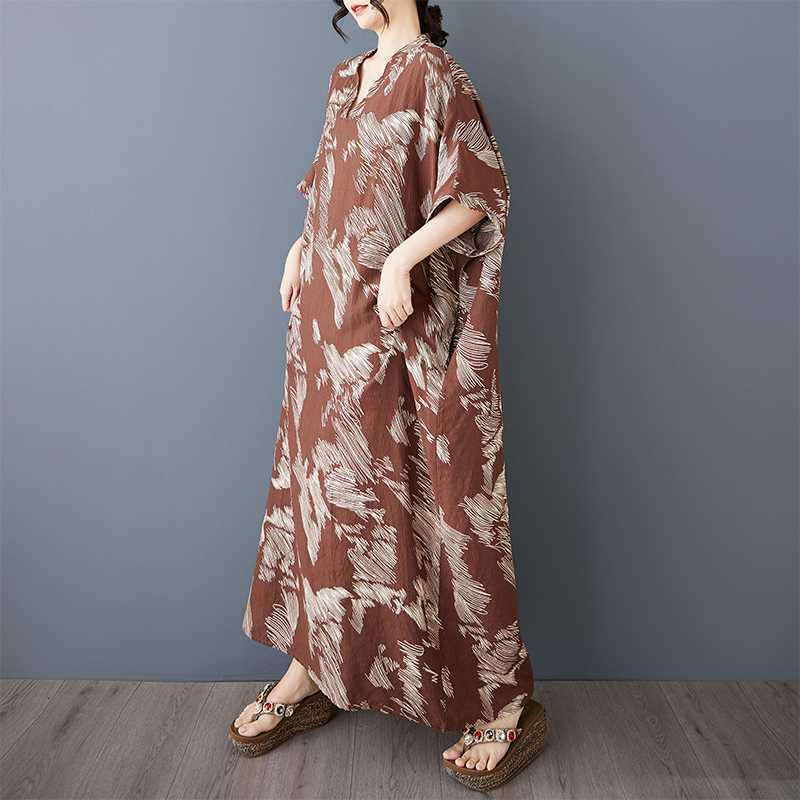 

Летнее винтажное длинное платье с V-образным вырезом one size fits all темно-коричневого