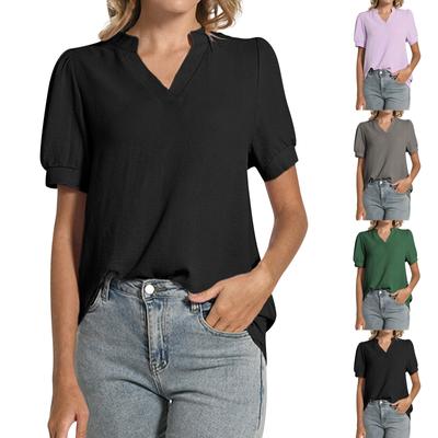 Women's Fashion Comfortable Breathable V-Neck Bubble Short Sleeve Loose Elegant T-Shirt