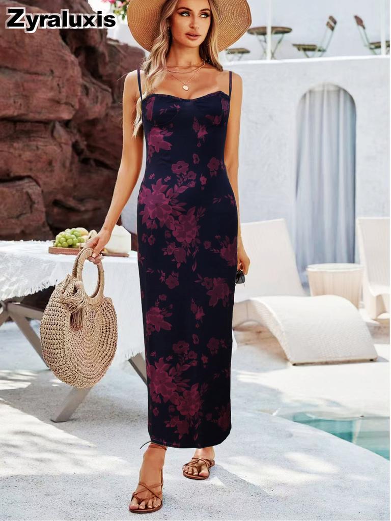 Women's Elegant Slim Fit Ruched Waist Dress Floral Print Long Gown
