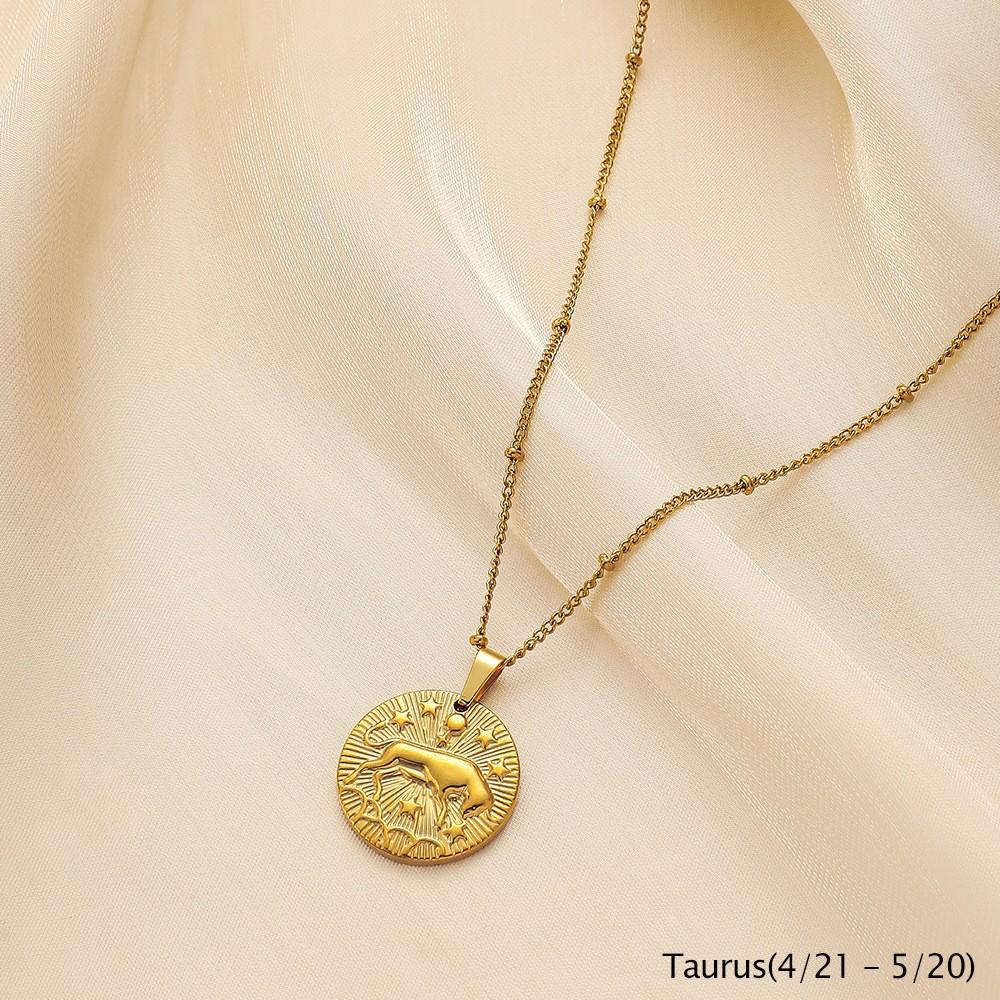 ALTERA Klassische 12 Sternzeichen Runde Münze Anhänger Halskette Edelstahl Tierkreis Halskette für Damen Herren Zirkon Geburtstagsgeschenk