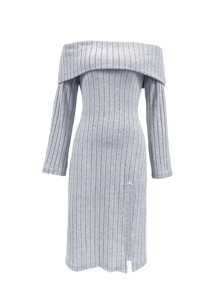 2023 Women's Off-Shoulder Slit Knitted Dress - Long-Sleeved Autumn/Winter Fashion for Europe and America