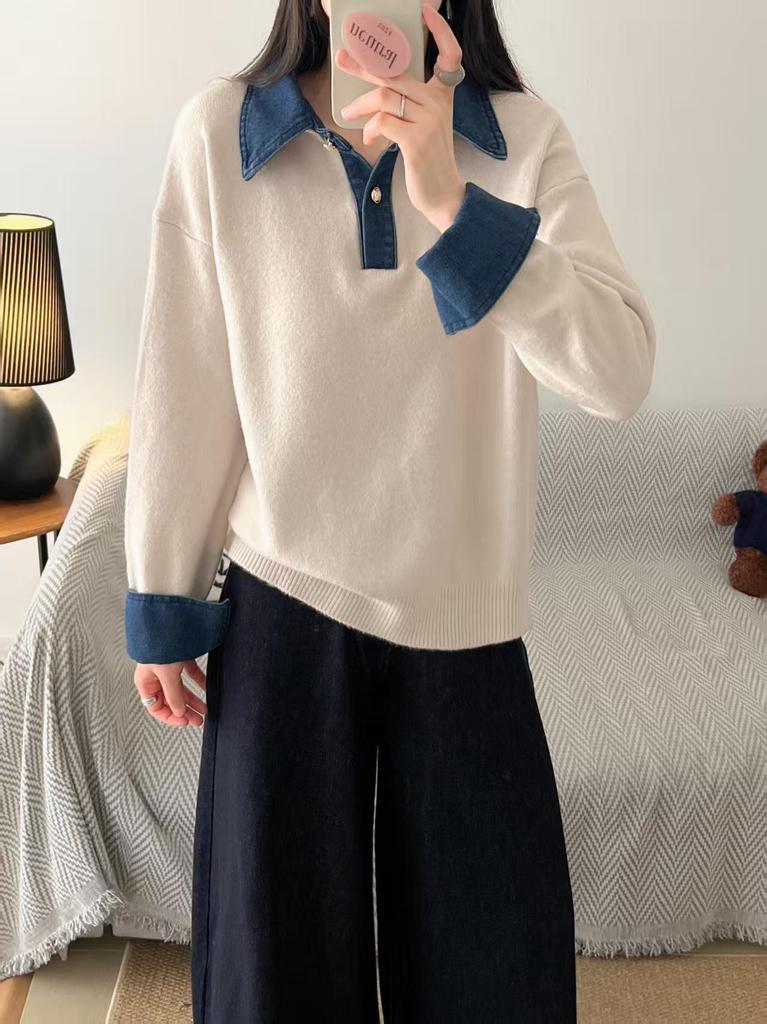 Women's Loose Denim Sleeve Patchwork Sweater - Autumn/Winter Knitwear Fashion