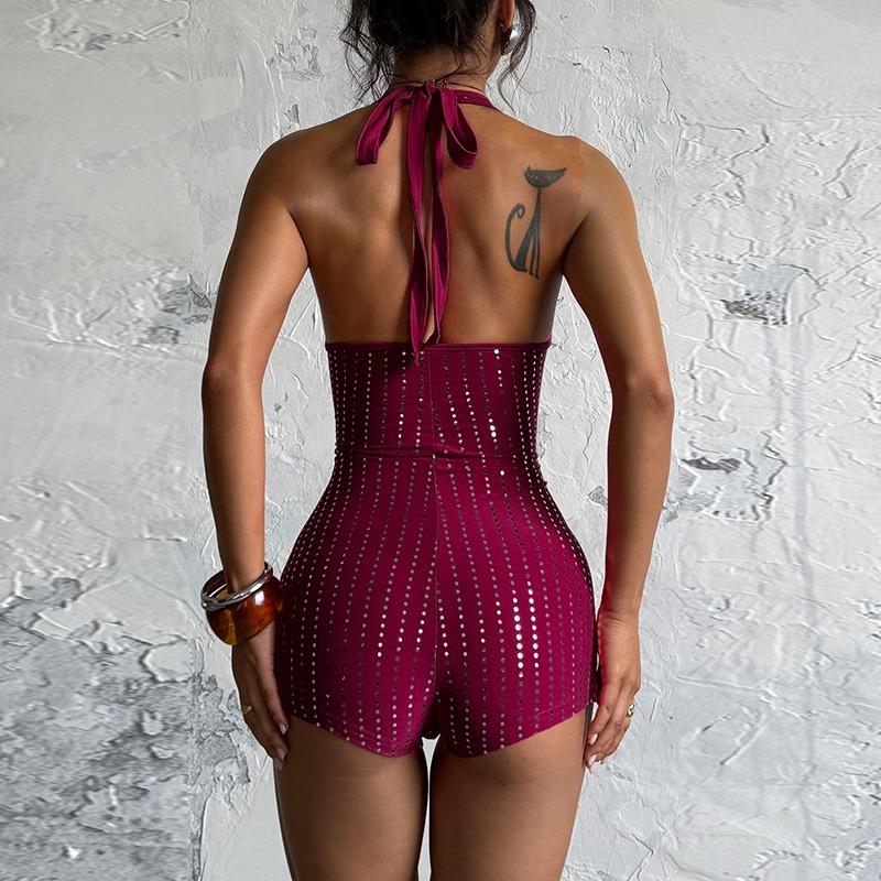 Women Sexy Rhinestone Deep V Backless Sleeveless High Waist Straight Cropped Jumpsuit