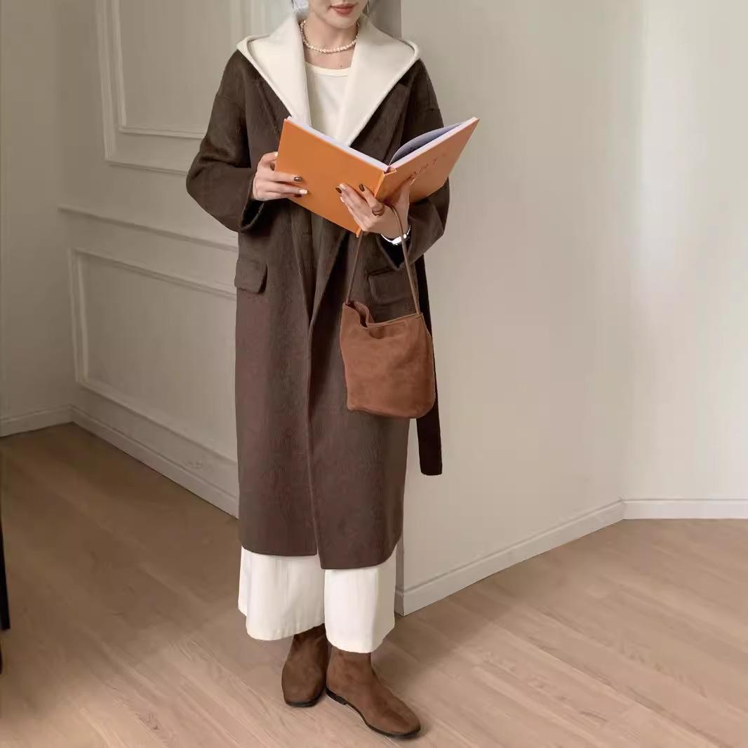 

Новое двухстороннее шерстяное пальто в корейском стиле с капюшоном, осенне-зимнее шерстяное пальто M коричневый