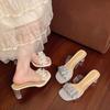 2025 summer new flower slippers women wear crystal thick heel open toe word middle heel fashion sandals