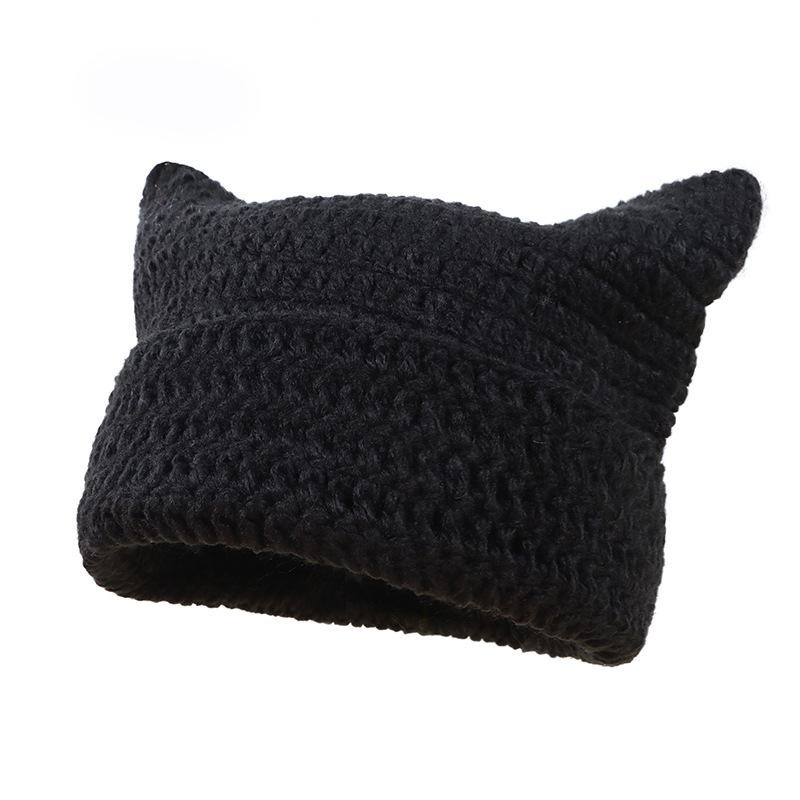 Y2K Women's Christmas Red Green Slouchy Beanies Crochet Acrylic Cotton Cap 3D Embroidered Demon Devil Cat Fox Ear Knitted Stripe