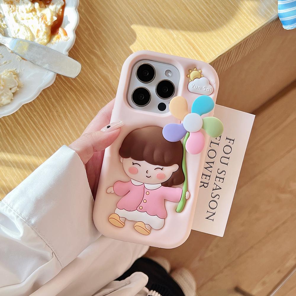 Cute 3D Cartoon Windmill Girl Shockproof Back Cover Funny Soft Silicone Phone Case For iPhone 16 15 14 13 12 Pro Max Capas