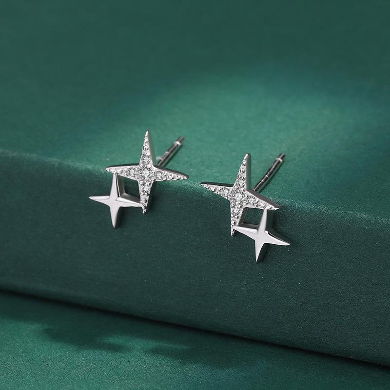 925 Sterling Silver Four-Pointed Star Stud Earrings for Women - Japanese and Korean Fresh Style with Full Diamond.