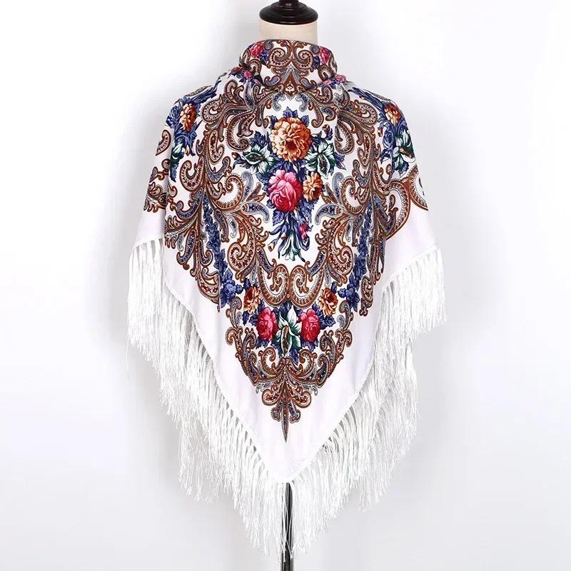 Floral Printed Bohemian Scarf Fringed Shawl Headscarf Russian Babushka Scarves Women National Muslim Head Wrap Square