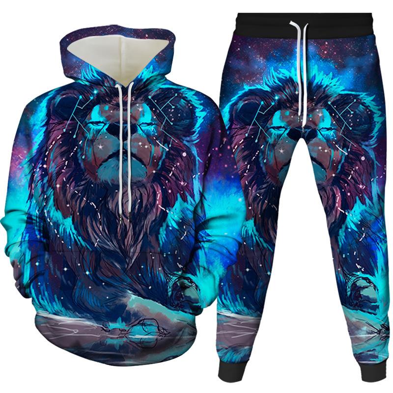 2022 foreign trade new 3d creative lion digital printing printing men's and women's hooded pullover casual sweater two-piece set