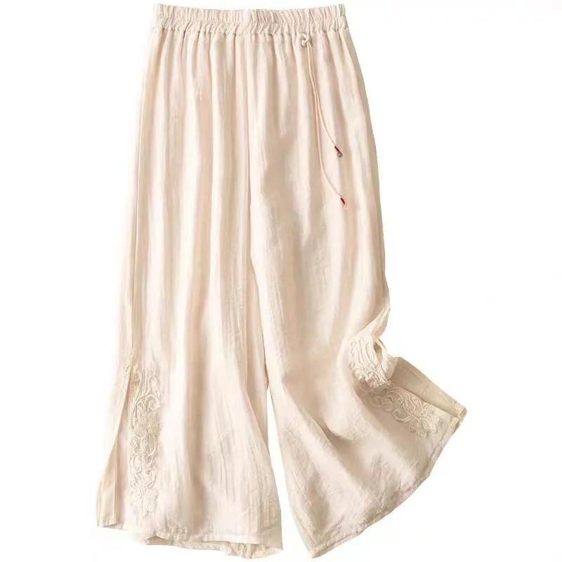 Retro Embroidered Tencel Wide-Leg Pants - Women’s High-Waist Summer Casual with Slit Tassel Details.