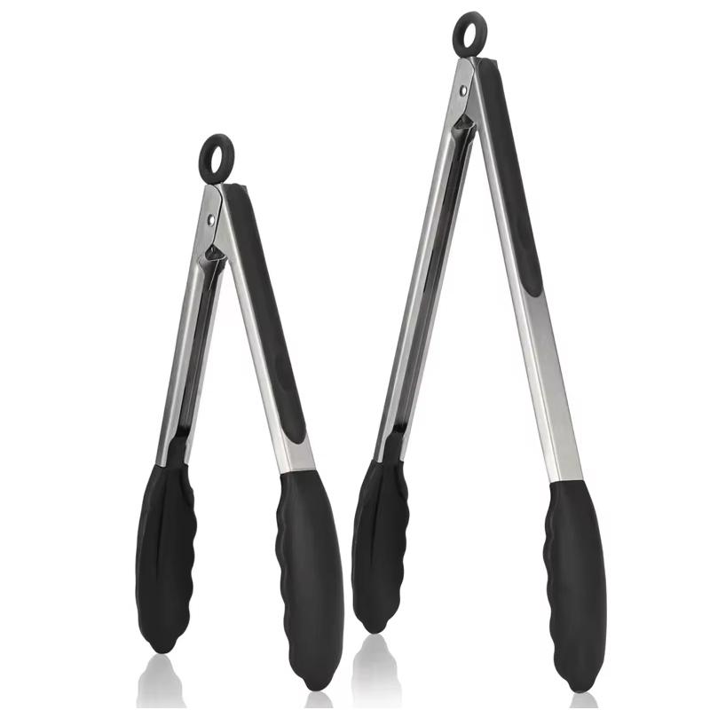 2Pcs Silicone Kitchen Tongs BBQ Clip Stainless Steel Handle Salad Bread Food Serving Tongs Non-Stick Barbecue Grilling Lock Tong