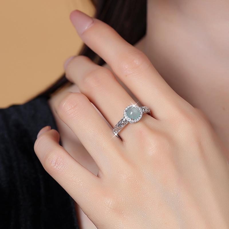 Jewelry Xiangyun Love of Life Jewelry Natural Blue Water Jade S925 Sterling Silver Light Luxury Green Agate Ring Women's Fashion Gifts