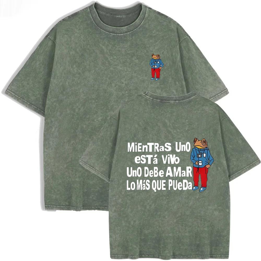 2026 Spanish Quote Cool Frog With Camera Graphic Vintage Washed T Shirt Latin Music Lover Casual Oversized Short Sleeve Streetwe