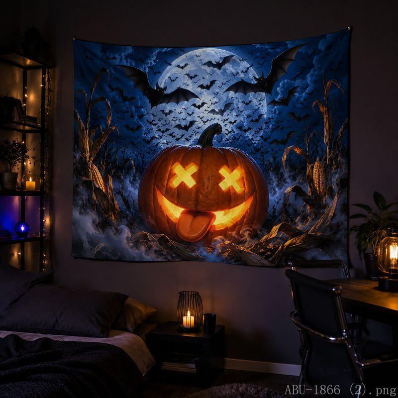 Halloween Tapestry Pumpkin Black Cat Lightning Maple Leaf Candle Print Bedroom Party Wall Hanging Decor Cloth