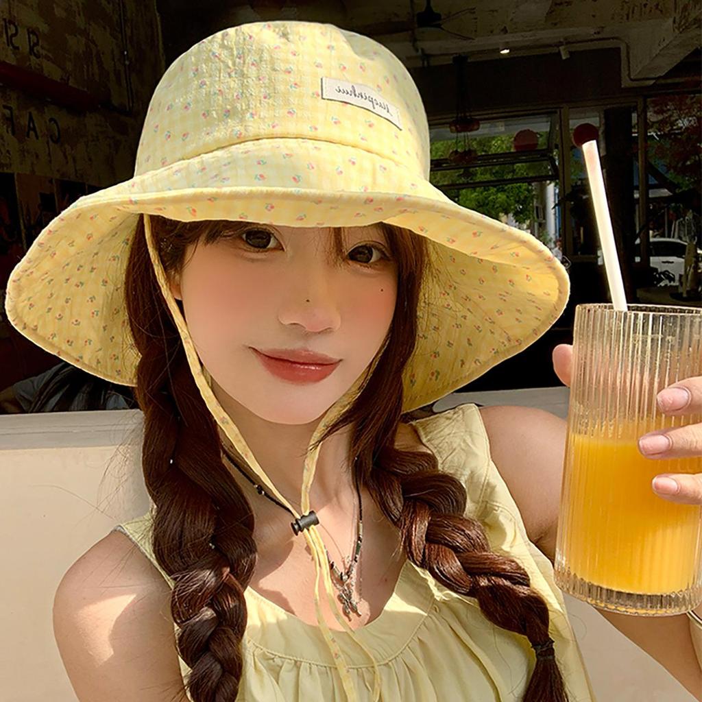 Women Sweet Flower Print Fishermen Hat Spring Summer Large Brim Lace-up Sunshade Floral Bucket Hat Female Girl Travel Beach Caps