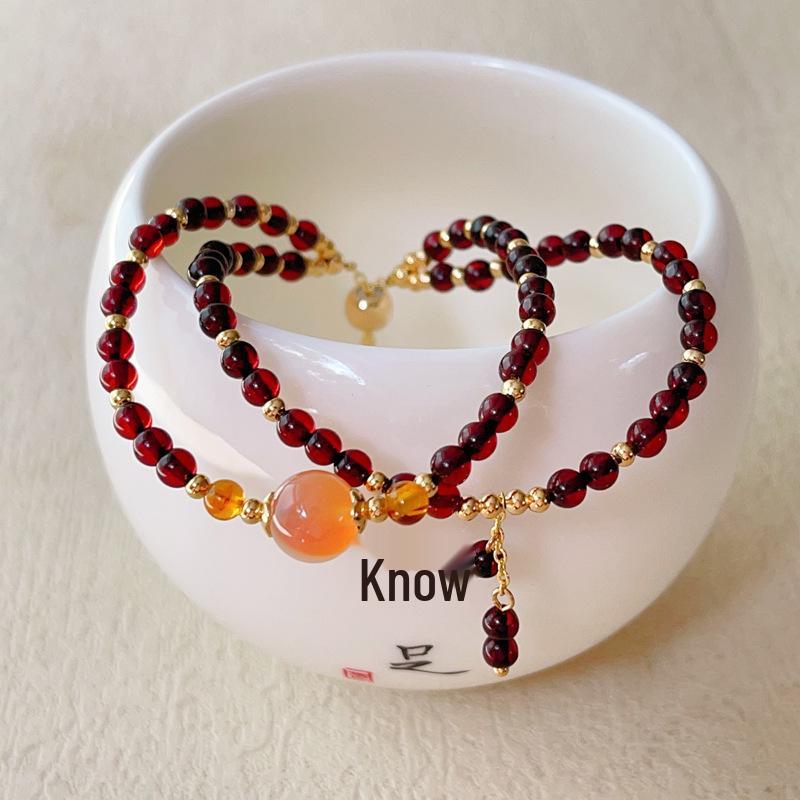 Natural Amber & Pink Sugar Heart Crystal Double-Loop Bracelet (3.5mm)