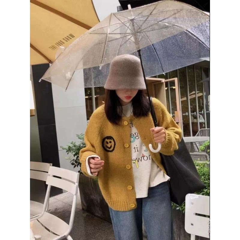 

Autumn and winter new design double-sided smiley sweater cardigan women s embroidered crew neck fashion versatile coat One Size