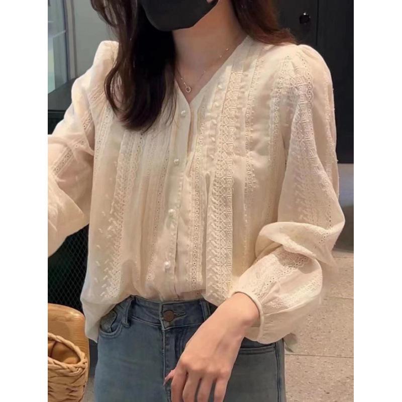 Elegant French Lace Long-Sleeve Blouse with Tummy Coverage S абрикосовый