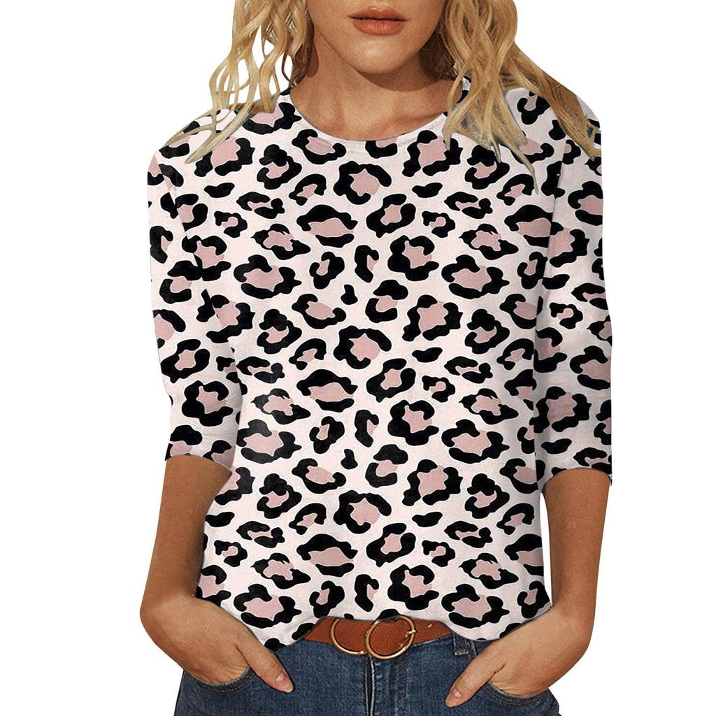 Women's Fashion Casual Three Quarter Sleeve Valentine's Day Printed Round Neck Pullover Top Blouse