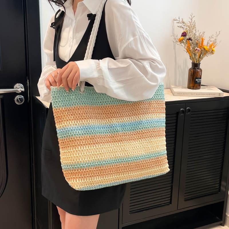 Casual Beach Handbag Strip Weave Bag Large Capacity Lazy Style Rainbow Beach Bag Bohemian Style Hollow Tote Bag Streetwear CLE