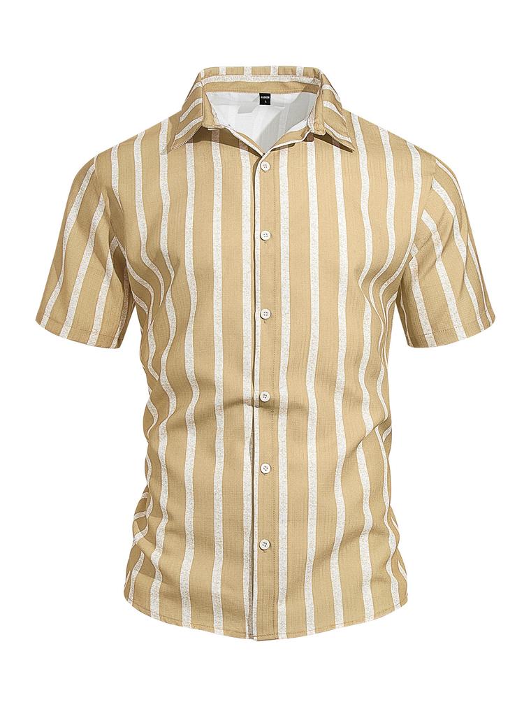 Summer Casual Short Sleeve Shirt Vertical Stripe Pattern Men Daily Blouse Fashion Regular Fit Men Striped Turn Collar Short Sleeve Shirt