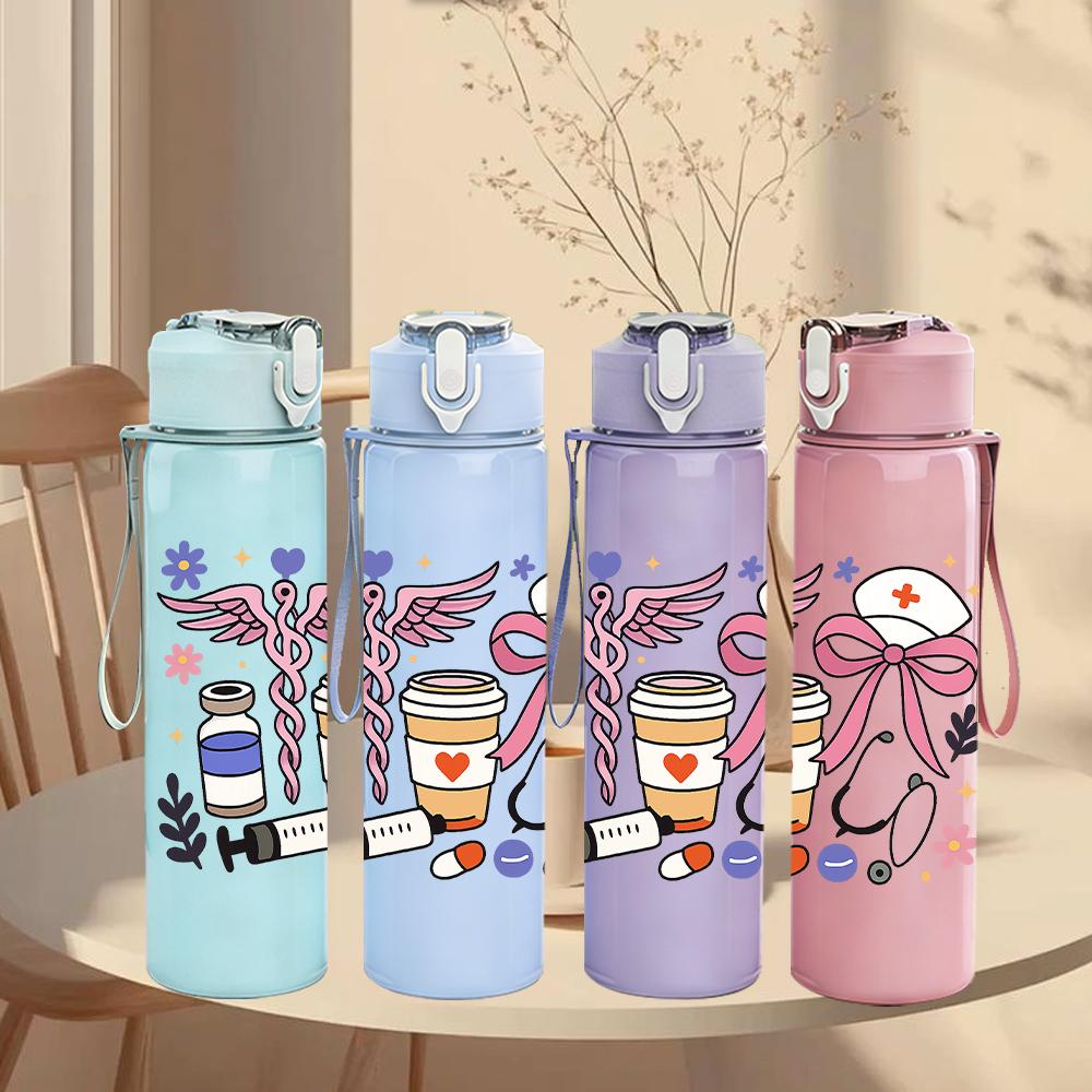 1PC Medical Nurse Tool Graphic,750ml Color Plastic Sports Water Bottle,Leakproof Flip Straw Lid,Suitable for Sports Office Home Use