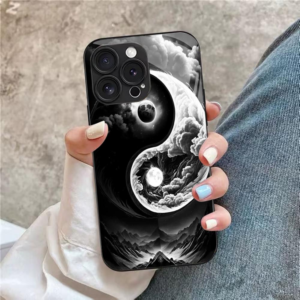 Yin Yang Phone Case Glass Tempered Glass For iPhone 16 15 14 13 12 Pro Max Plus Shock Absorption Hard Glass Phone Back Cover