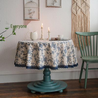 Imanqi Blue Rose Cotton Linen Round Tablecloth - Retro INS Style