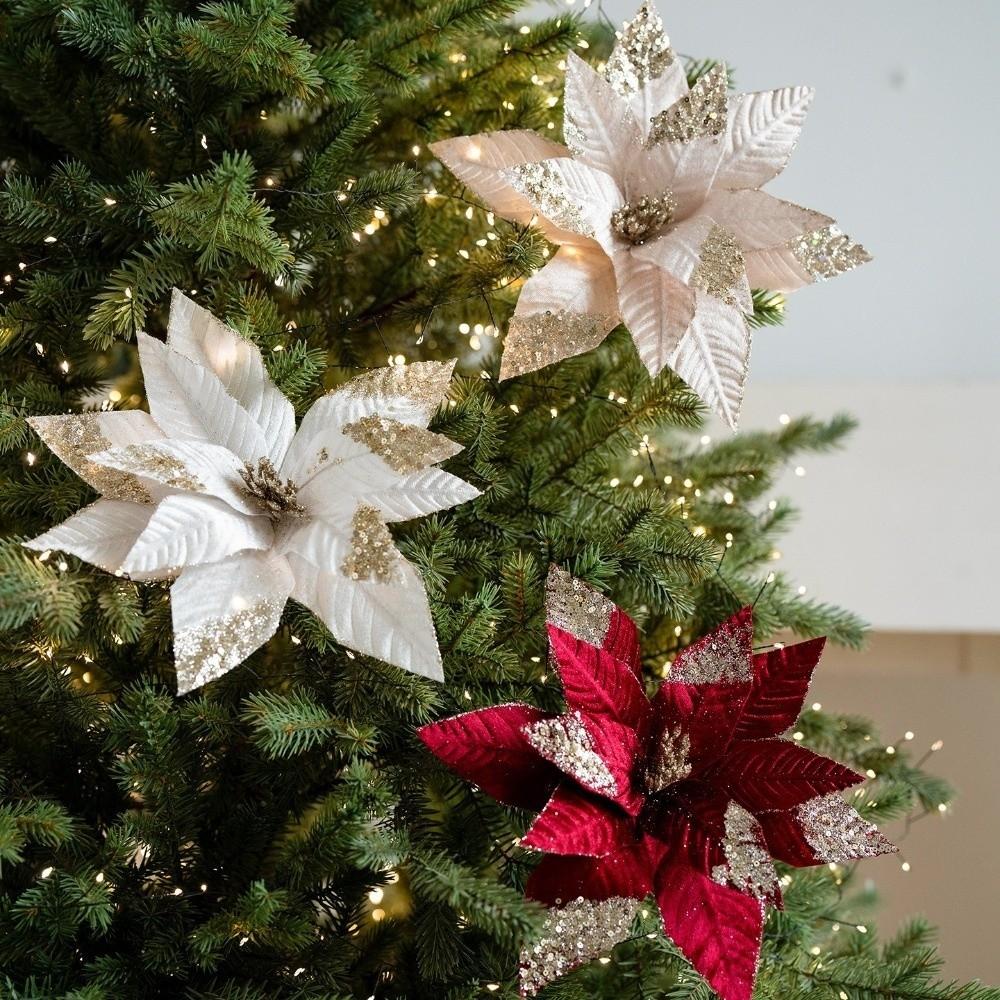 Velvet Fabric Artificial Poinsettia Flower Sequins Christmas Tree Magnolia New Year Gift